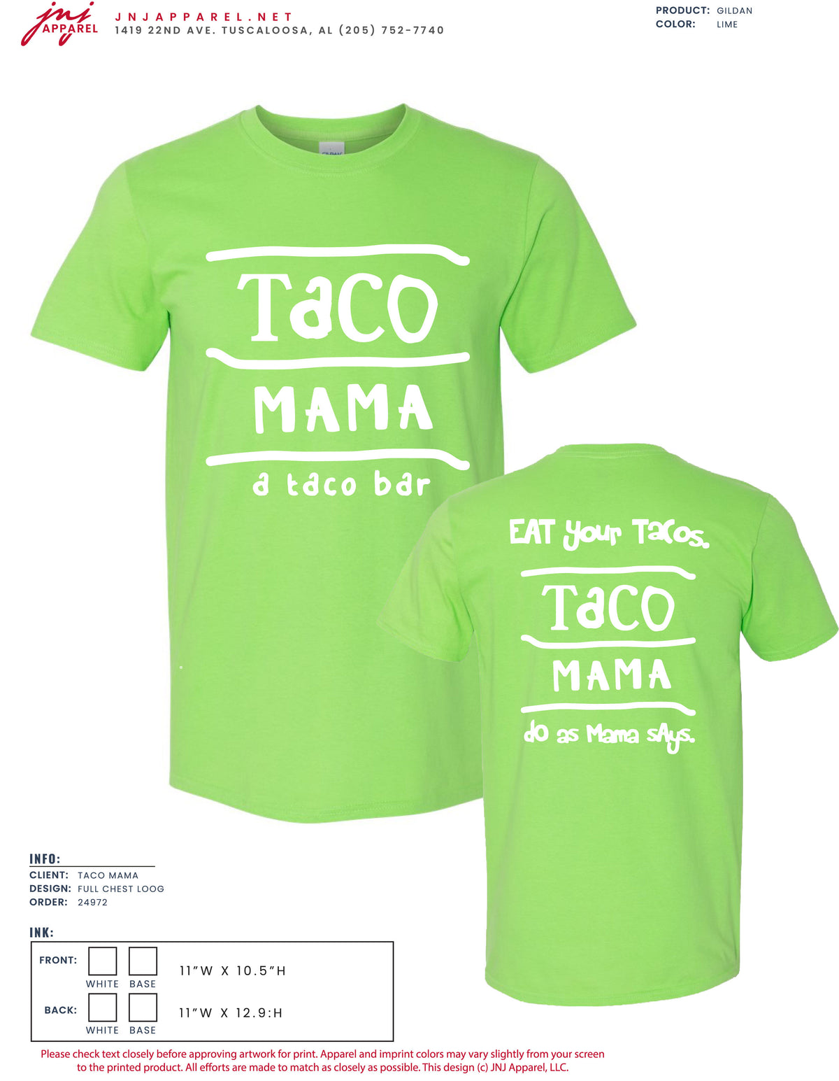 Taco Mama Lime Green T-Shirt with White Logo on the front